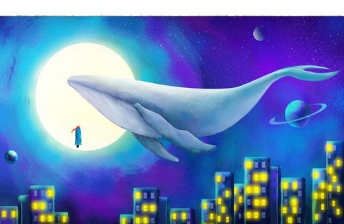 手绘星空飞翔鲸鱼儿童房背景墙图片素材 效果图下载